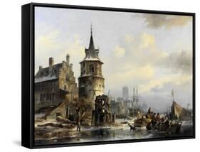 Holländische Winterlandschaft mit altertümlicher Stadt am Kanal. 1846-Jan Michael Ruyten-Framed Stretched Canvas