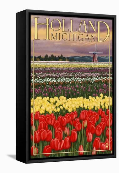 Holland, Michigan - Tulip Fields-Lantern Press-Framed Stretched Canvas