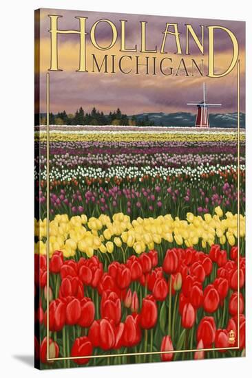 Holland, Michigan - Tulip Fields-Lantern Press-Stretched Canvas