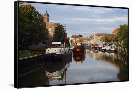 Holland, Zwolle. Pancake Ship and Other Boats on a Canal in Zwolle-Petr Bednarik-Framed Stretched Canvas