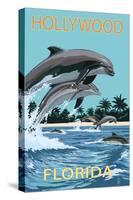 Hollywood, Florida - Dolphins Jumping-Lantern Press-Stretched Canvas