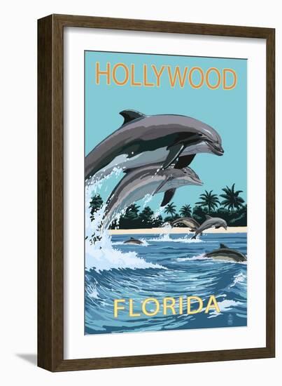 Hollywood, Florida - Dolphins Jumping-Lantern Press-Framed Art Print