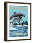 Hollywood, Florida - Dolphins Jumping-Lantern Press-Framed Art Print