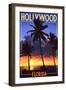 Hollywood, Florida - Palms and Sunset-Lantern Press-Framed Art Print