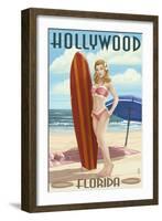 Hollywood, Florida - Surfer Pinup Girl-Lantern Press-Framed Art Print