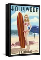 Hollywood, Florida - Surfer Pinup Girl-Lantern Press-Framed Stretched Canvas