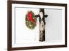 Holstein Cow in Snowstorm by Green Wreath and Red Ribbon, St. Charles, Illinois, USA-Lynn M^ Stone-Framed Photographic Print