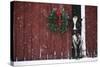 Holstein Cow Standing in Doorway of Red Barn, Christmas Wreath on Barn, Marengo-Lynn M^ Stone-Stretched Canvas