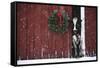 Holstein Cow Standing in Doorway of Red Barn, Christmas Wreath on Barn, Marengo-Lynn M^ Stone-Framed Stretched Canvas