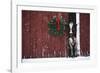 Holstein Cow Standing in Doorway of Red Barn, Christmas Wreath on Barn, Marengo-Lynn M^ Stone-Framed Photographic Print