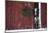 Holstein Cow Standing in Doorway of Red Barn, Christmas Wreath on Barn, Marengo-Lynn M^ Stone-Mounted Photographic Print