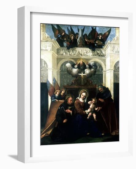 Holy Family with Saint Nicholas of Tolentino, 1515-1530-Lodovico Mazzolini-Framed Giclee Print