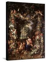 Holy Family with Wreath of Fruit and Flowers-Jan Brueghel the Elder-Stretched Canvas