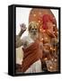 Holy Man in Front of a Ganesh Statue Draped in Fairy Lights at the Hindu Festival of Shivaratri-Don Smith-Framed Stretched Canvas