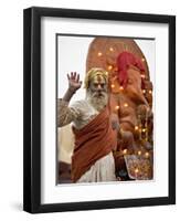 Holy Man in Front of a Ganesh Statue Draped in Fairy Lights at the Hindu Festival of Shivaratri-Don Smith-Framed Photographic Print