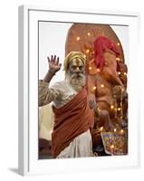 Holy Man in Front of a Ganesh Statue Draped in Fairy Lights at the Hindu Festival of Shivaratri-Don Smith-Framed Photographic Print