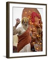 Holy Man in Front of a Ganesh Statue Draped in Fairy Lights at the Hindu Festival of Shivaratri-Don Smith-Framed Photographic Print