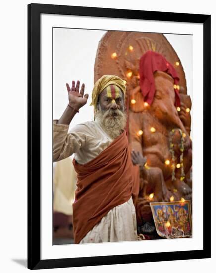 Holy Man in Front of a Ganesh Statue Draped in Fairy Lights at the Hindu Festival of Shivaratri-Don Smith-Framed Photographic Print