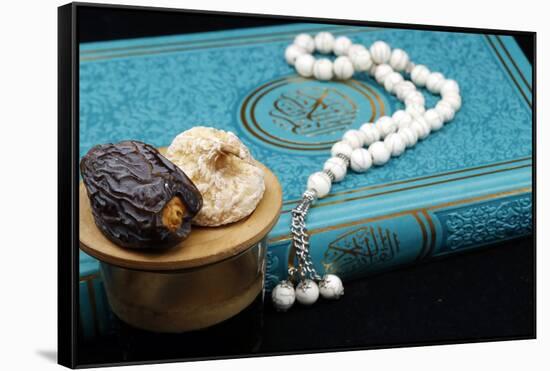 Holy Quran book with prayer beads and date, Ramadan concept, Muslim faith and religion, France-Godong-Framed Stretched Canvas