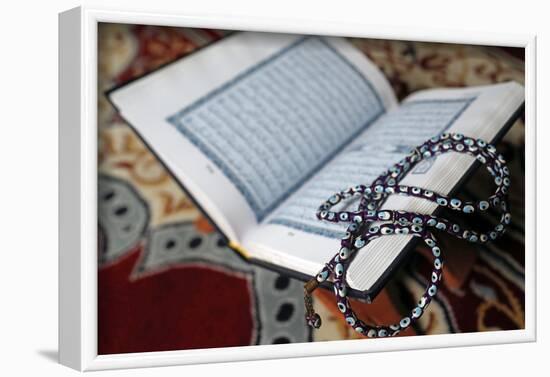 Holy Quran in Arabic and Muslim prayer beads on wood stand-Godong-Framed Photographic Print