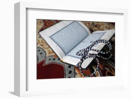 Holy Quran in Arabic and Muslim prayer beads on wood stand-Godong-Framed Photographic Print