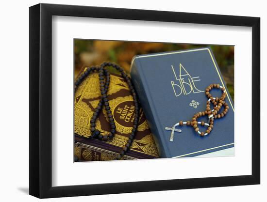 Holy Quran in French with Muslim prayer beads and Bible with rosary-Godong-Framed Photographic Print