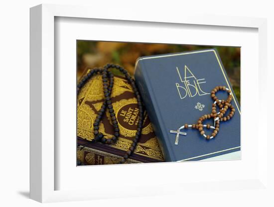 Holy Quran in French with Muslim prayer beads and Bible with rosary-Godong-Framed Photographic Print