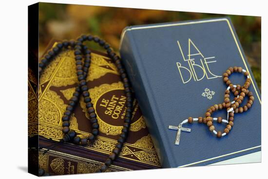 Holy Quran in French with Muslim prayer beads and Bible with rosary-Godong-Stretched Canvas