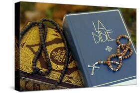 Holy Quran in French with Muslim prayer beads and Bible with rosary-Godong-Stretched Canvas