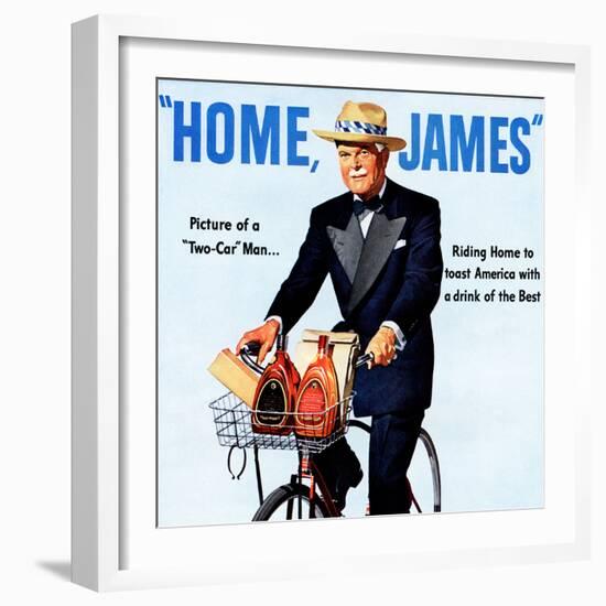 "Home, James" Retro Whiskey Advertisement, Gentleman on Bicycle-Piddix-Framed Art Print