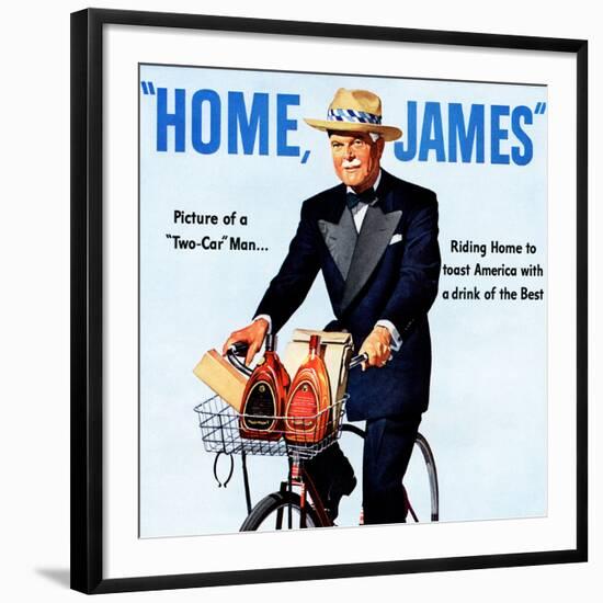 "Home, James" Retro Whiskey Advertisement, Gentleman on Bicycle-Piddix-Framed Art Print