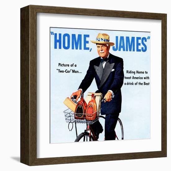 "Home, James" Retro Whiskey Advertisement, Gentleman on Bicycle-Piddix-Framed Art Print