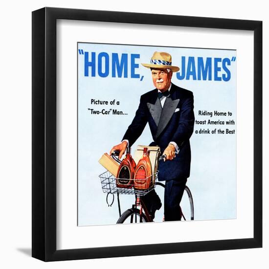 "Home, James" Retro Whiskey Advertisement, Gentleman on Bicycle-Piddix-Framed Art Print