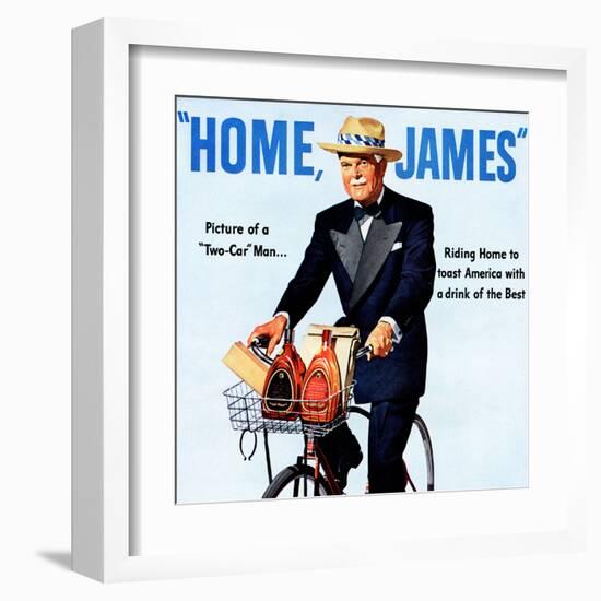 "Home, James" Retro Whiskey Advertisement, Gentleman on Bicycle-Piddix-Framed Art Print