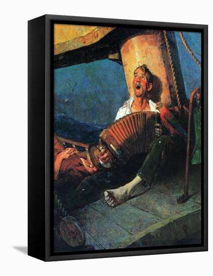 Home Sweet Home (or Man on ship with Accordion)-Norman Rockwell-Framed Stretched Canvas