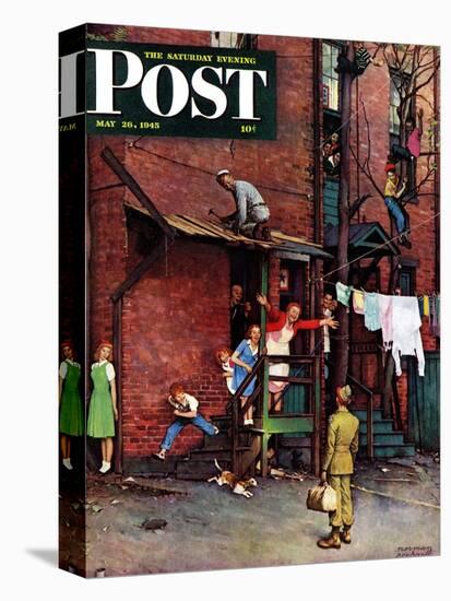 "Homecoming G.I." Saturday Evening Post Cover, May 26,1945-Norman Rockwell-Stretched Canvas