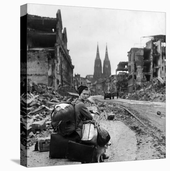 Homeless Refugee German Woman Sitting with All Her Worldly Possessions on Side of a Muddy Street-John Florea-Stretched Canvas