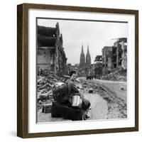 Homeless Refugee German Woman Sitting with All Her Worldly Possessions on Side of a Muddy Street-John Florea-Framed Photographic Print