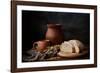 Homemade Bread and Vintage Ceramic Kitchenware on an Old Wooden Table. Artistic Still Life in Vinta-Eleonora Grigorjeva-Framed Photographic Print