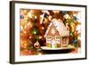 Homemade Christmas Gingerbread House Displayed on a Table. Christmas Tree Lights in the Background.-Leena Robinson-Framed Photographic Print