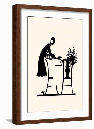 Homemaker Fills a Vase with Flowers-Maxfield Parrish-Framed Art Print