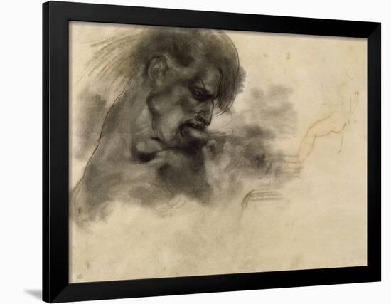 Homme nu, en buste, de profil à droite, mordant et s'agrippant; étude pour "La Barque de Dante"-Eugene Delacroix-Framed Giclee Print
