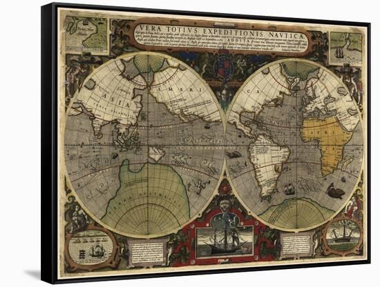 Hondius map of the World 1595-Vintage Lavoie-Framed Stretched Canvas