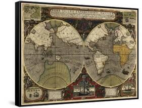 Hondius map of the World 1595-Vintage Lavoie-Framed Stretched Canvas