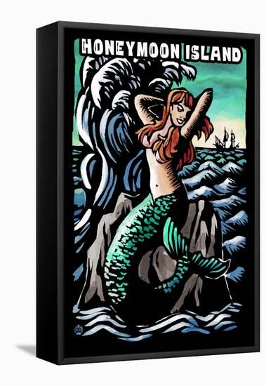Honeymoon Island, Florida - Mermaid - Scratchboard-Lantern Press-Framed Stretched Canvas