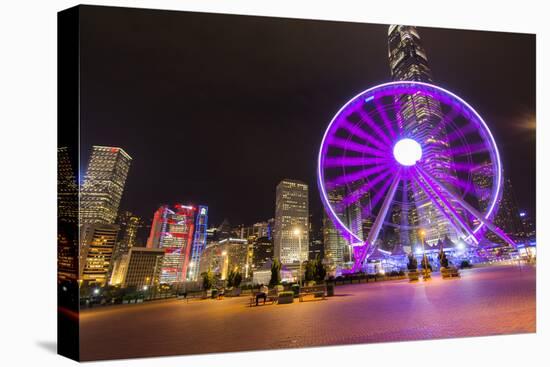 Hong Kong, China. Night Skyline with New Ferris Wheel and Twilight , Purple-Bill Bachmann-Stretched Canvas