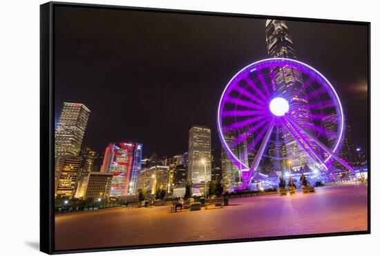 Hong Kong, China. Night Skyline with New Ferris Wheel and Twilight , Purple-Bill Bachmann-Framed Stretched Canvas