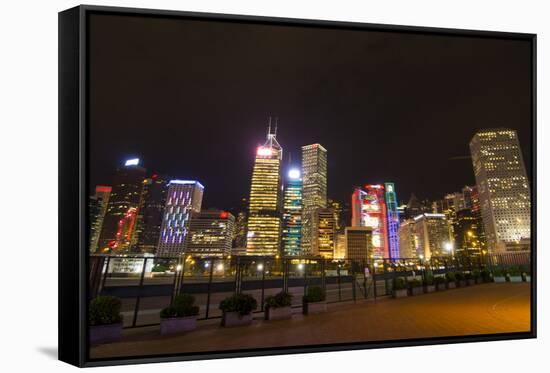Hong Kong, China. Night Skyline with Twilight in City at Harbor-Bill Bachmann-Framed Stretched Canvas