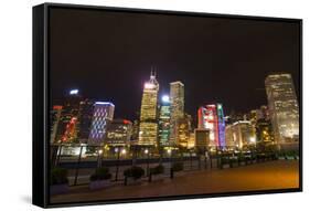 Hong Kong, China. Night Skyline with Twilight in City at Harbor-Bill Bachmann-Framed Stretched Canvas