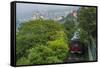 Hong Kong, China. Victoria Peak Tram Going Down Mountain on Smoggy, Hazy, Foggy Day-Bill Bachmann-Framed Stretched Canvas